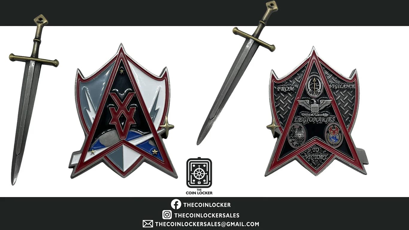 Custom challenge coin with antique bronze plating, soft enamel color fill, and a rope edge — designed in our online coin designer